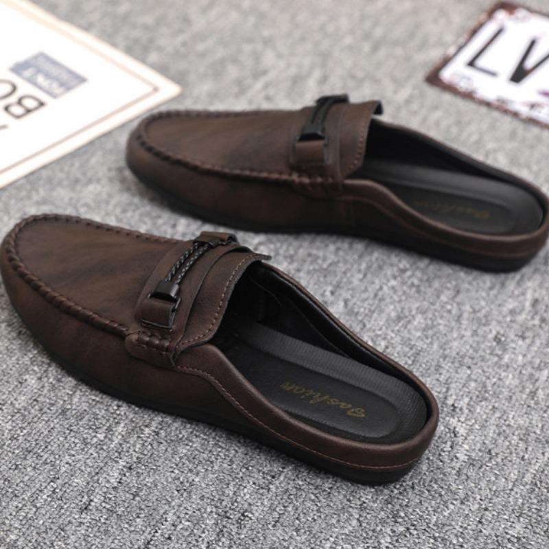 Fashion Summer Leather Men Half Slippers Breathable Mens Casual Shoes Slip-on Lazy Driving Shoes Comfortable Walking Loafers Moccasins