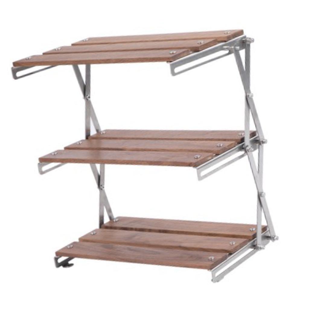 3 Tier Wood Shelving Strong Load Bearing Fine Polishing Metal Beech Wood Folding 3 Tier Shelves for Camping Chrome