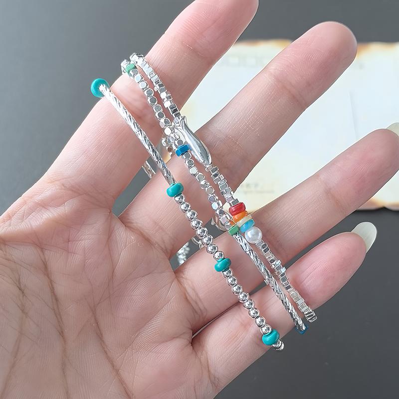 Silver Plated Bracelet for Women Pearl Red Agate Turquoise Glass Fish Butterfly Geometric Elastic Jewelry Party Gift