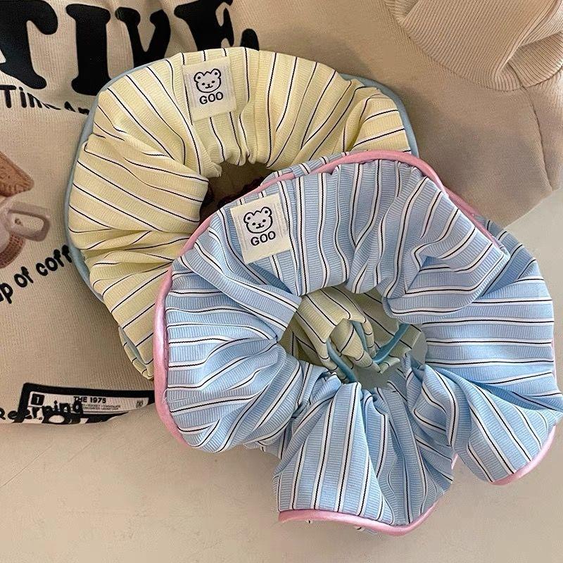 1pc Cream Contrast Large Intestine Hair Ring INS Style High-Quality Striped Teddy Bear Cute Hairband Versatile Headpiece