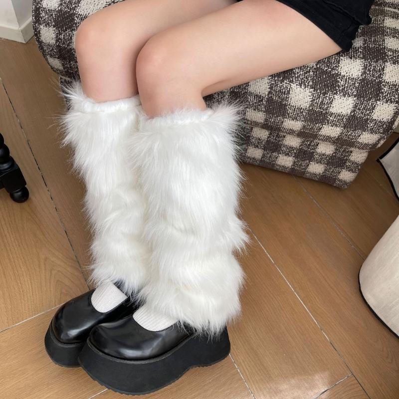 Soft Faux Furs Leg Sleeves Winter Leg Warmers Elastic Thermal Protective Boot Covers Footless Socks For Women Hosiery