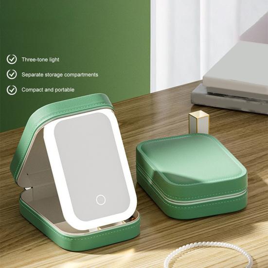 Reisesminkepose med LED-speil USB-oppladbart 3 farger Justerbart opplyst sminkespeil Bærbar reise Mini-speil Kosmetikkveske Smykker