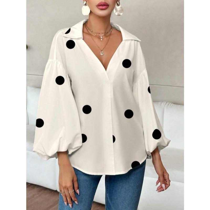 Elegante Blusa da Donna a Pois Larga con Scollo Semiaperto Top Casual a Maniche Lunghe Scollo a V Primavera Autunno Stampata Dolci Camicie Semplici da Ufficio per Signore