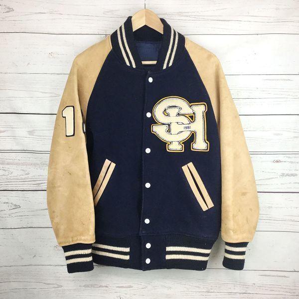 

SH 1981 Leather Sleeve Stadium Jumper Varsity Jacket Men s S-M Navy × Light Brown Patch Design Japan Made