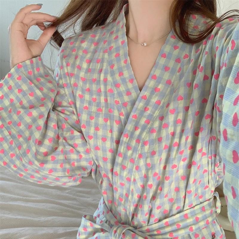 Heart Plaid Loose Mid-Length Pajamas Bathrobe - Cozy, Casual Homewear for Autumn and Spring