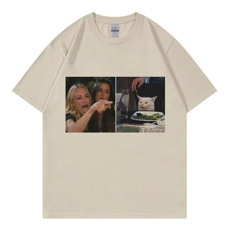 Funny Woman Yelling At Cat Meme Graphic T Shirts High Quality Fashion Short Sleeve T-shirts Unisex Casual Loose Cotton T-shirt