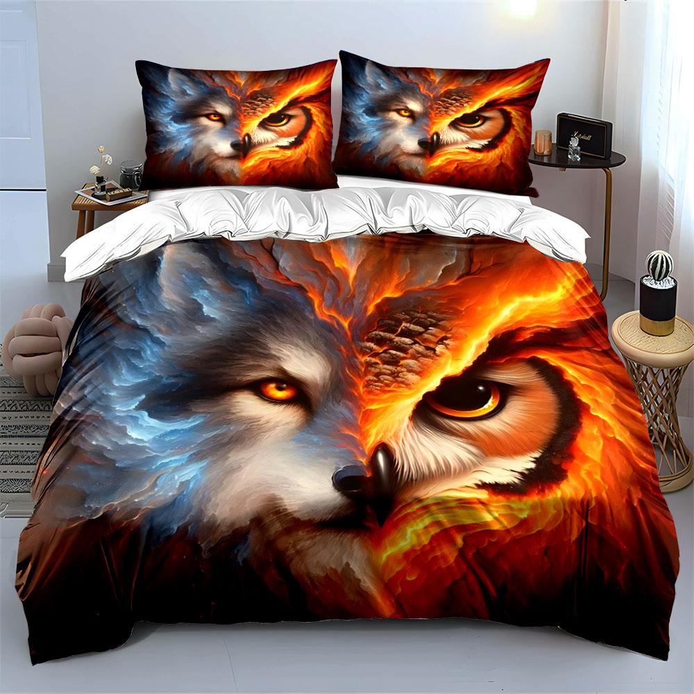 Wolf Owl Fire Ice Decor Multiple sizes kid's and adults' bedroom Exquisite 3PC bedding set, gift