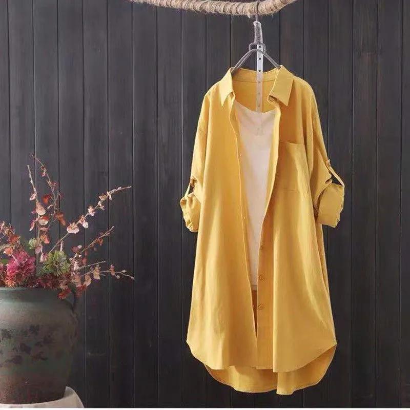 

Большие размеры, свободные дышащие блузки, рубашка миди, корейские повседневные осенние рубашки, женские простые однотонные женские рубашки с длинными рукавами S жёлтый