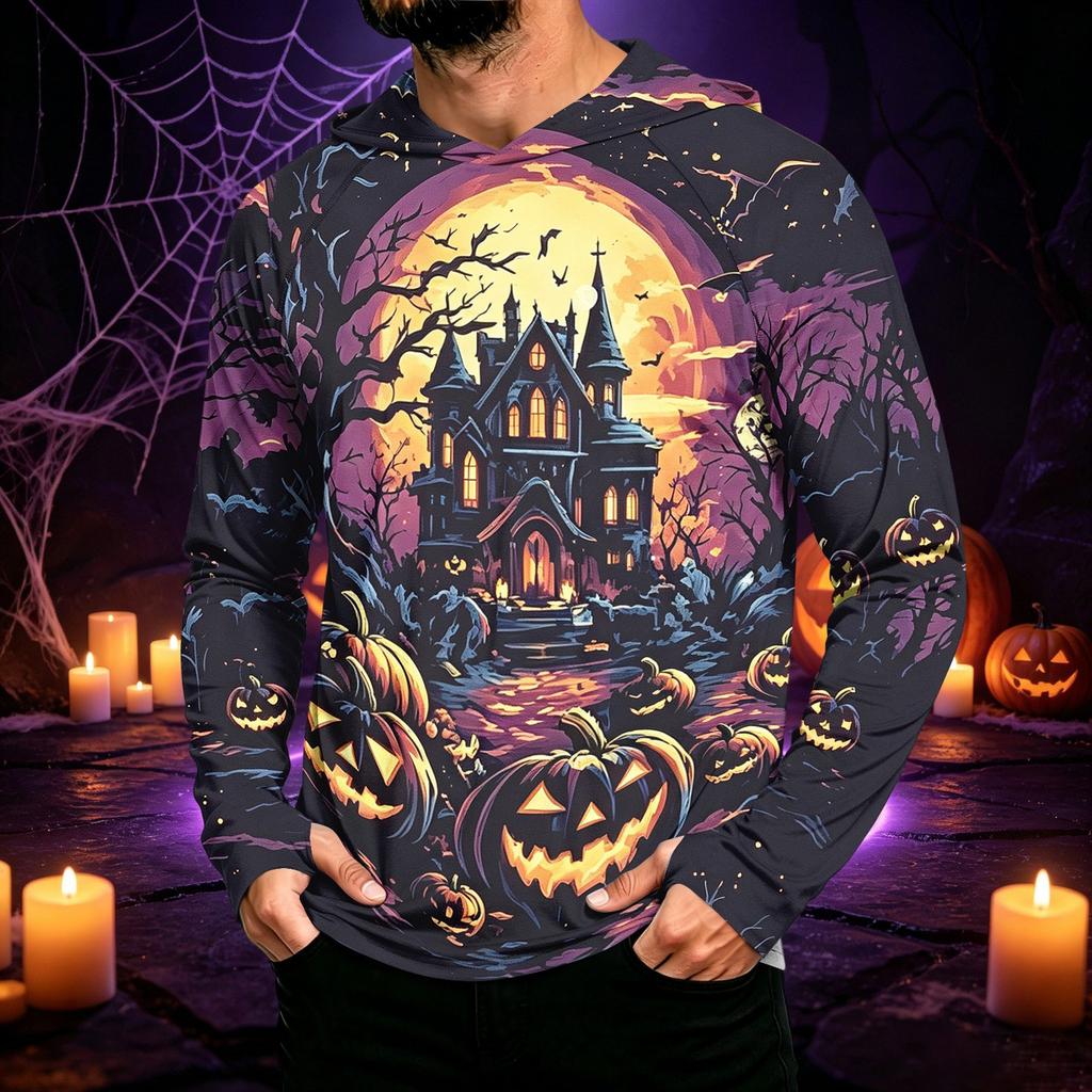 Men's Long Sleeve Hoodie Halloween Print Lightweight Pullover for Casual Wear