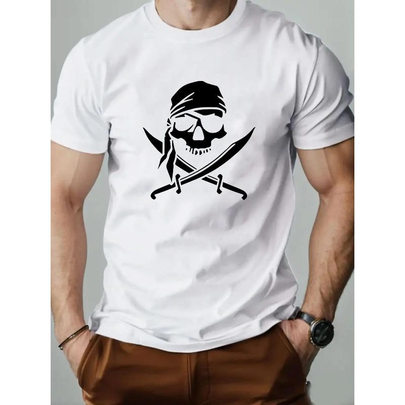 

European sizes Men S Pirate Skull T-Shirt - Red & White Nautical Design with Skull & Crossbones, Lightweight Summer Tee for Beach, Parties 4XL