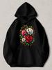 Black Pullover Hoodie with Vibrant Red White Pink Rose Floral Print Long Sleeve Sweatshirt with Kangaroo Pocket Casual Streetwear