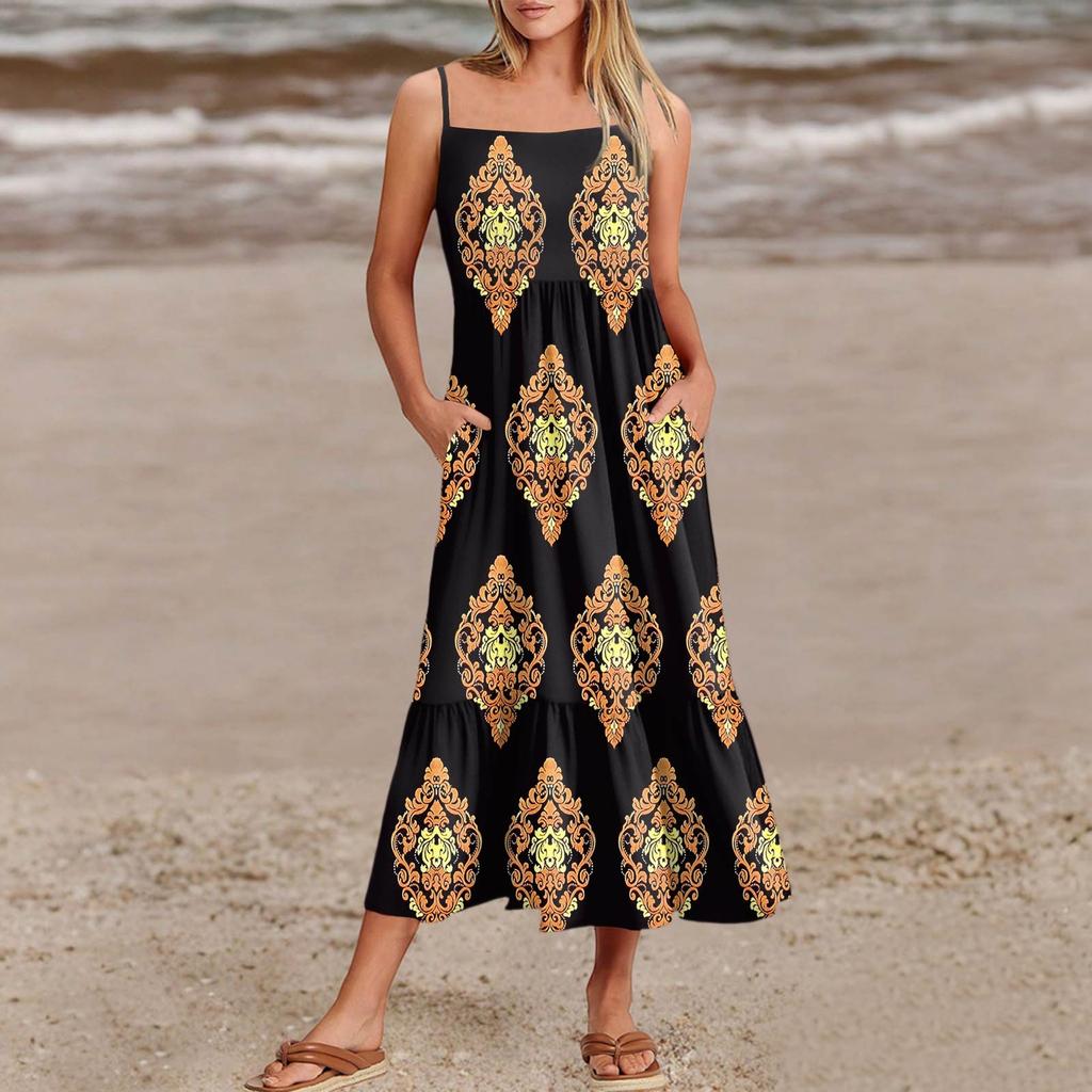 Women's Summer Spaghetti Strap Patchwork Beach Vacation Vintage Dress With Pockets