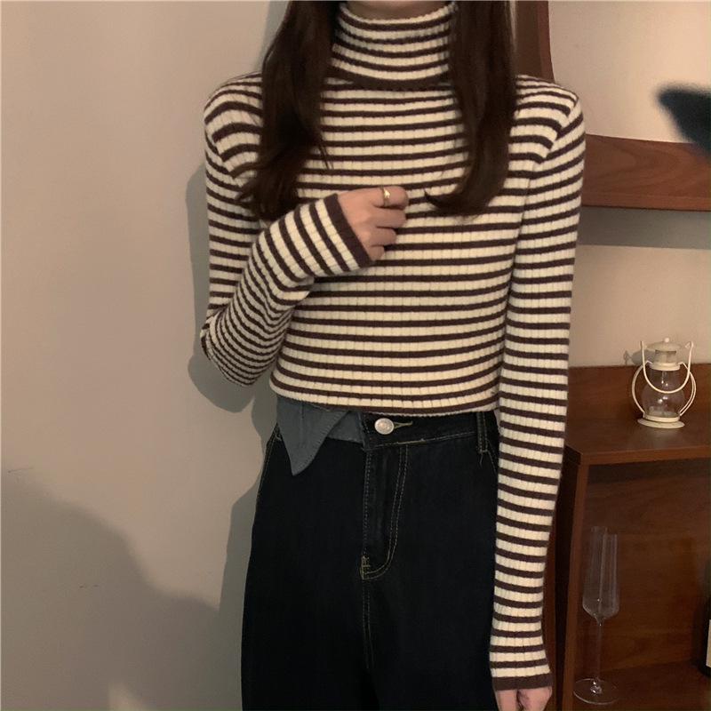 Herbst Winter Gestreiften Rollkragen Gestrickte Pullover für Frauen Neue Langarm Top Frauen Pullover Alle-spiel Bodenbildung Shirt