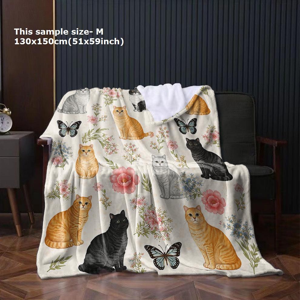 1PC Blanket Vintage Flowers Cats Arts Soft Flannel Thin Blankets for Home School Car Naps Camping Perfect Gifts Four Season Use