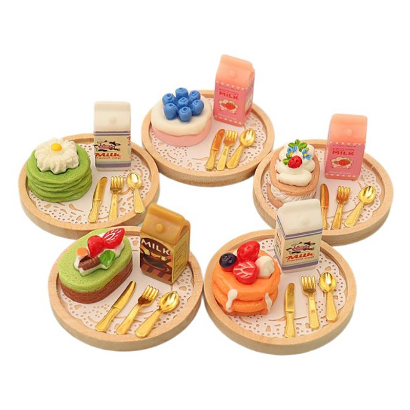 1Set 1:12 Dollhouse Miniature Cake Milk Fork Tray Food Model Kitchen Decor Toy For Doll House Accessories Kids Gift