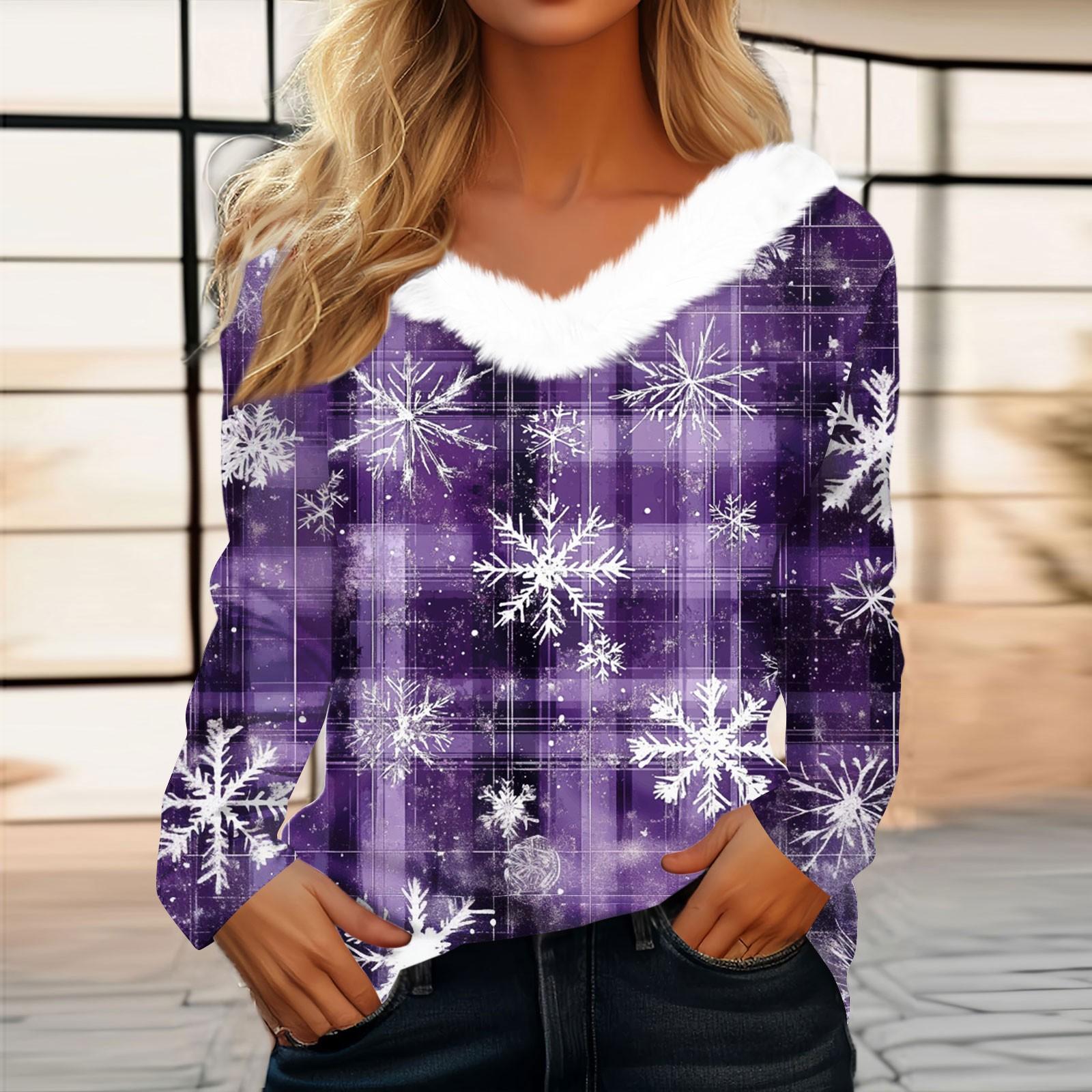 

Женская футболка, рождественская рубашка с длинным рукавом, вечерние, рождественский флисовый воротник, топ с v-образным вырезом M фиолетовый