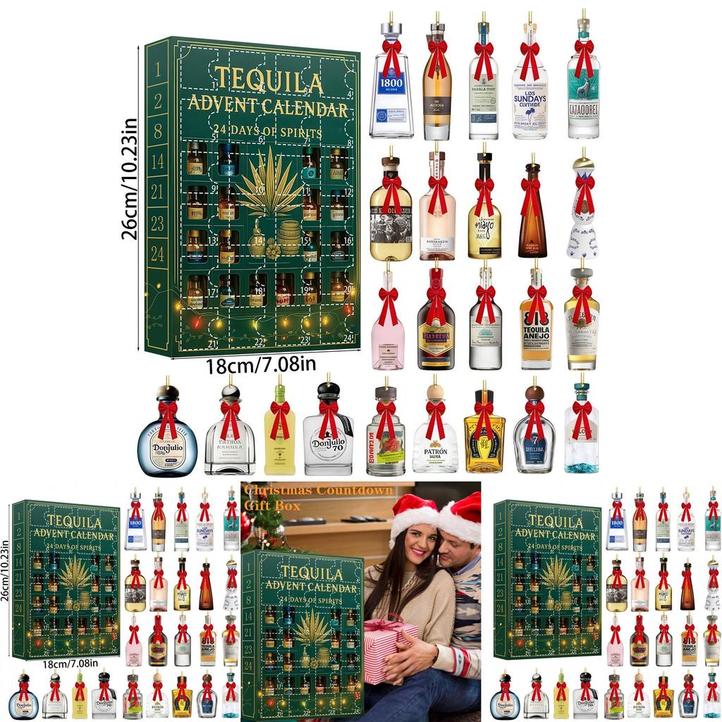 Tequilová láhev Vánoční adventní kalendář s akrylovými plochými ozdobami pro sváteční výměnu dárků