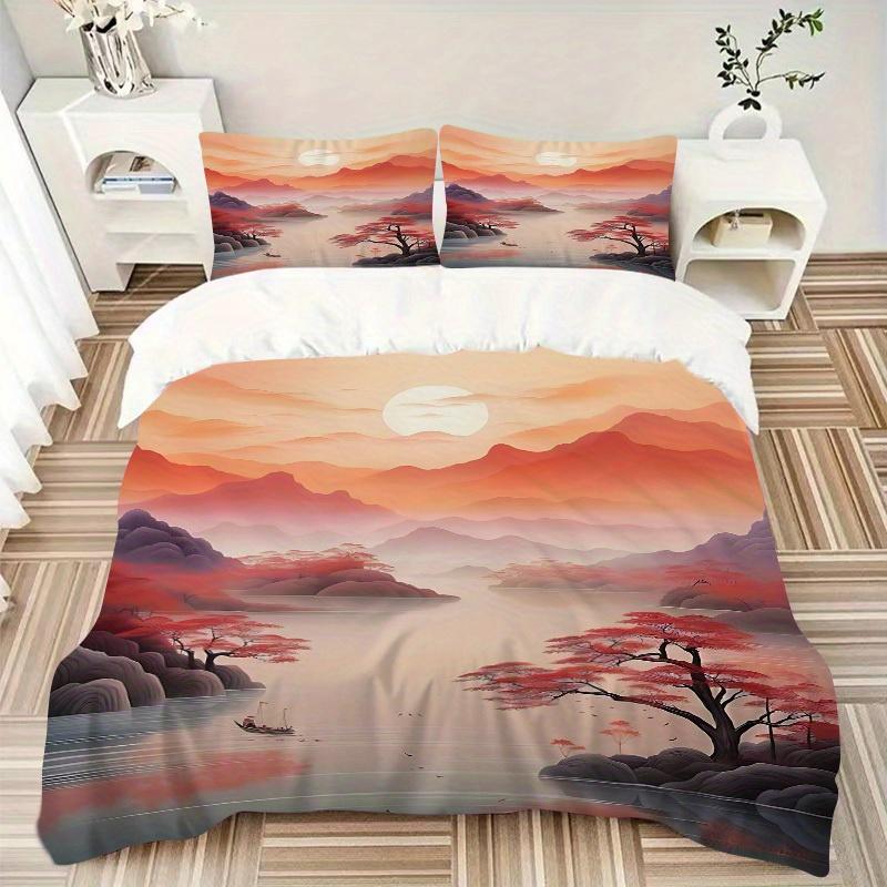 3pcs Chinese style Landscape 1Cover + 2Pillowcases, PillowInserts NotIncluded, Machine Washable, All - Season Use, Suitable for Bedroom Guest Room43