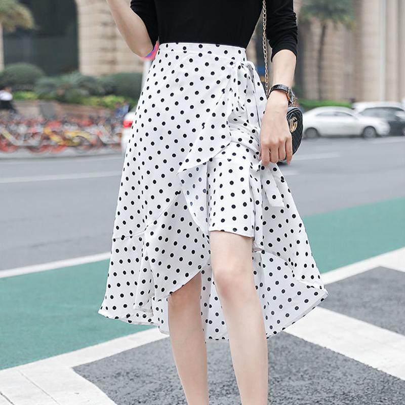 

Летняя модная юбка-обертка для женщин, повседневная, шифоновая, цельная, со шнуровкой, с высокой талией, с нерегулярными оборками, свободная юбка в горошек One Size белый