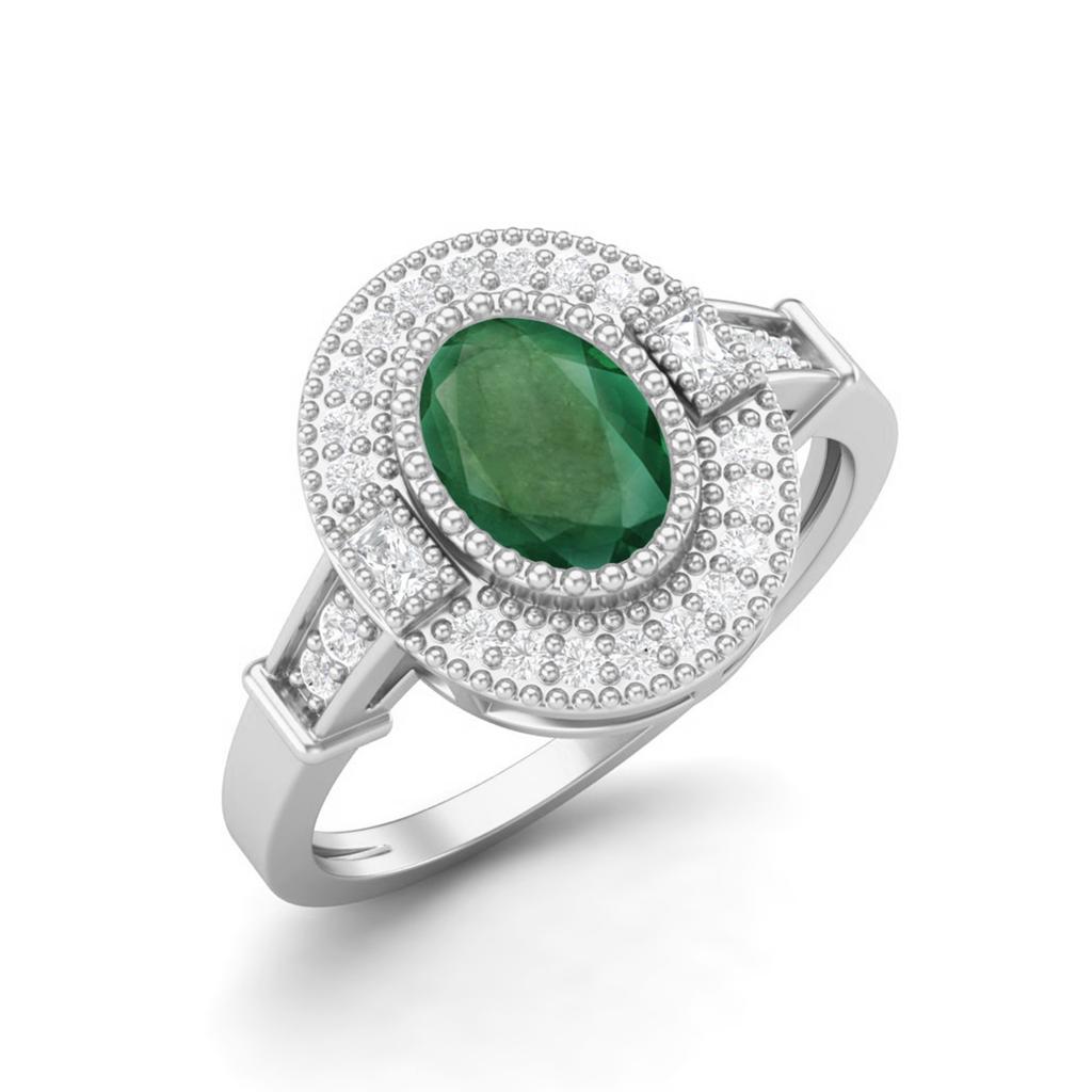 1.48 Ctw Oval Shape Emerald 925 Sterling Silver Solitaire Halo Women Bridal Ring