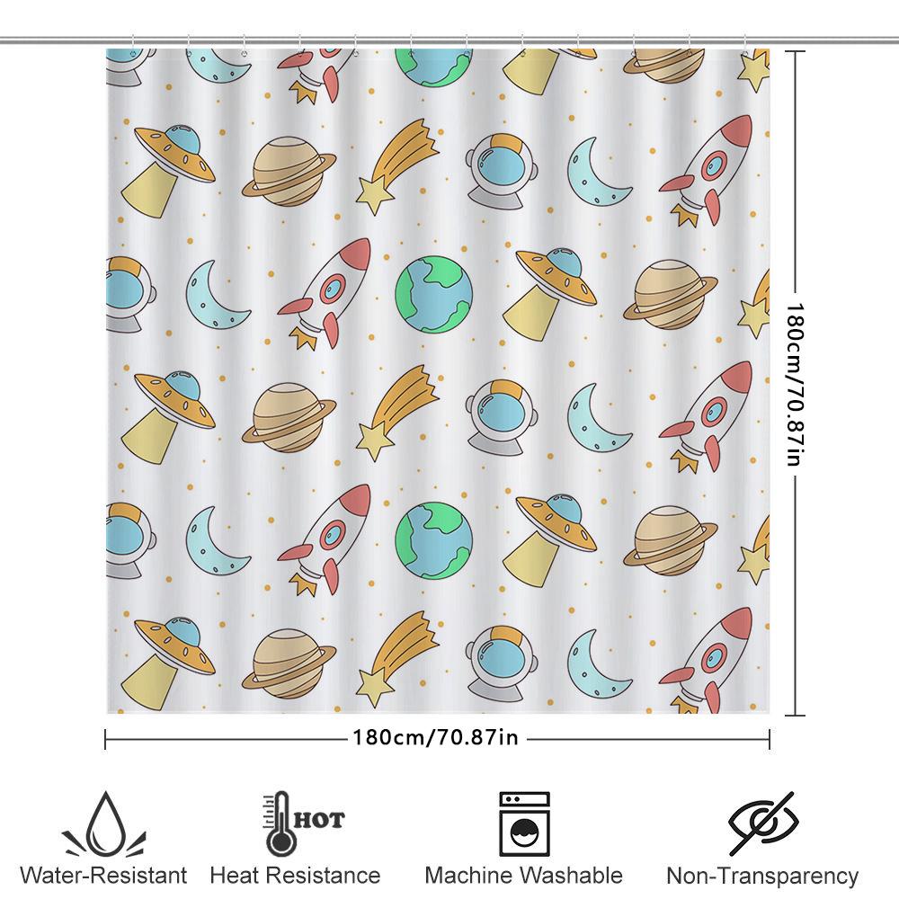 Space Exploration Shower Curtain Cartoon Print Bathroom Decor Set Cute Space Ship, Planet Earth Moon Design For Kids