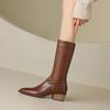 Krazing Pot Cow Leather Winter Pointed Toe Thick Med Heels Western Boots Women Zipper Retro Vintage Mid-calf Boots