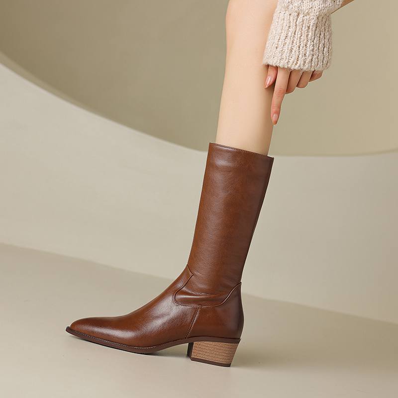 Krazing Pot Cow Leather Winter Pointed Toe Thick Med Heels Western Boots Women Zipper Retro Vintage Mid-calf Boots