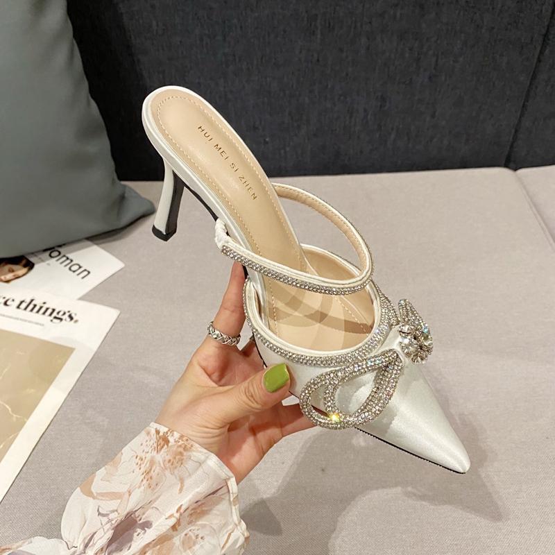 Pointed sandals women's 2025 new summer fashion rhinestone word with bag head thin heel high heel muller shoes sandals