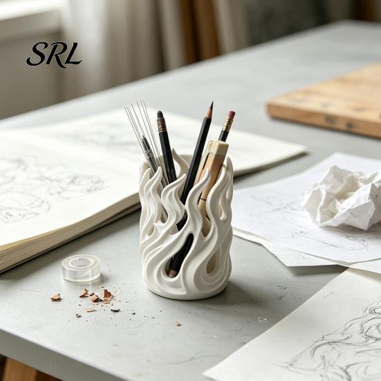 Desk Pen Organizer Flame Shape Holder, 3D Printed Hollow Pencil Cup, Stationery for Students Decorative Desktop Makeup Brush, Office, School Supplies