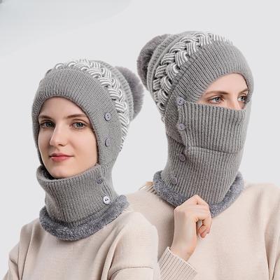 Hat Scarf Women's Autumn and Winter Knitted Hat Fleece-lined Warm Scarf Winter Women's Woolen Cap