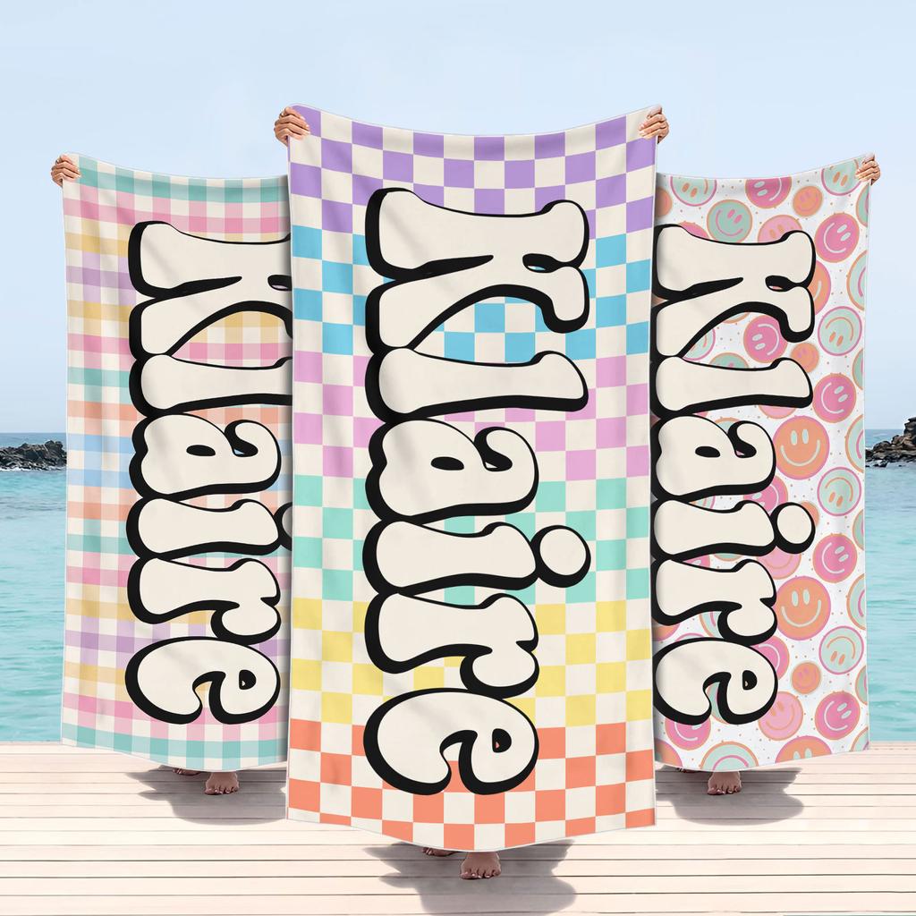 Custom Name Beach Towel Checkerboard Microfiber Bath Towel Personalized Quick-Drying Large Anti-Sand Absorbent Beach Towel