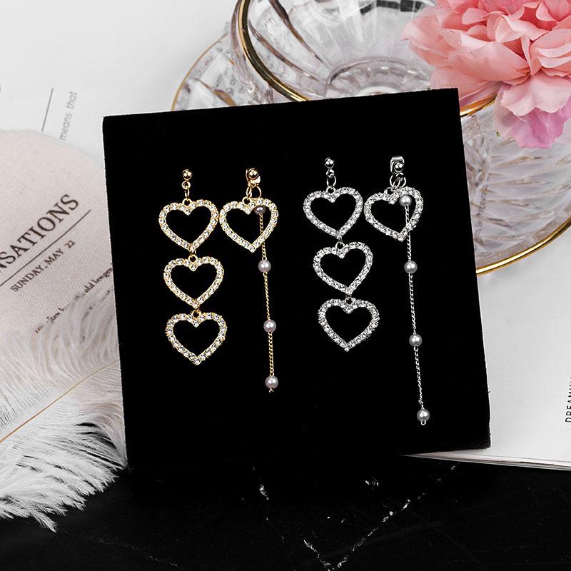 Asymmetrical Heart Rhinestone & Pearl Stud Earrings - 925 Sterling Silver Needle, Korean Style Fashion for Women