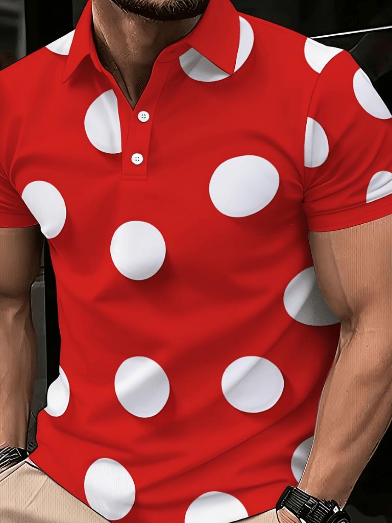 [Printed Design - Not Textured] Men's Red Polka Dot Shirt, Polyester Fiber, Lightweight Casual Style, Suitable for Restaurants, Bars, and Leisure