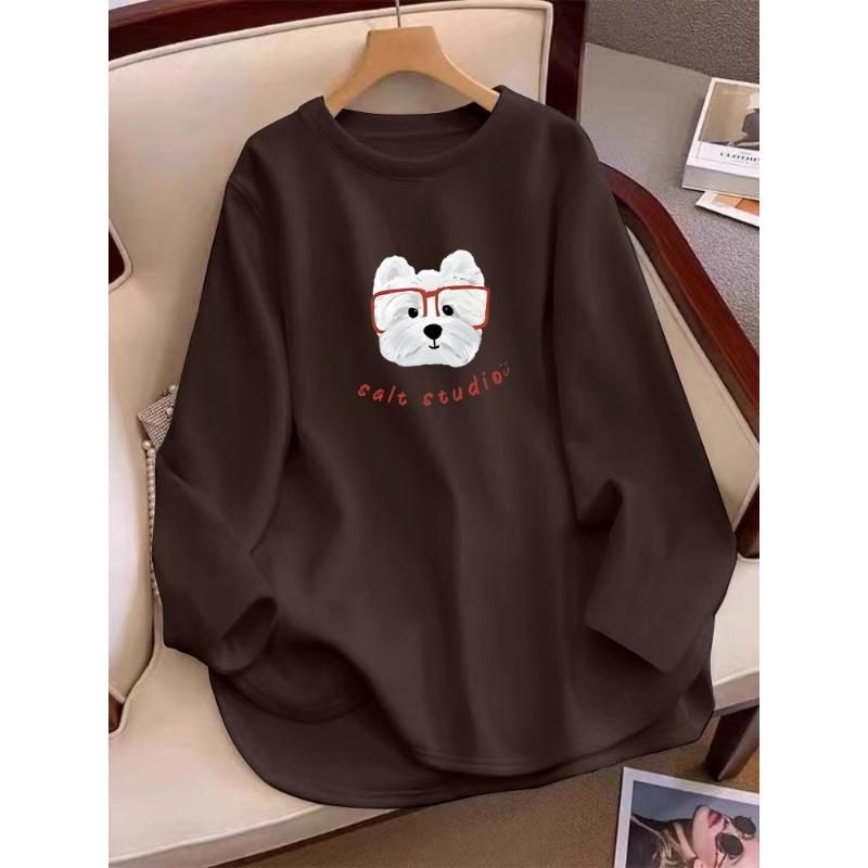 Autumn and Winter New T-shirt Women's Spliced Printed Fashion Loose Long-Sleeved German Velvet Casual Top