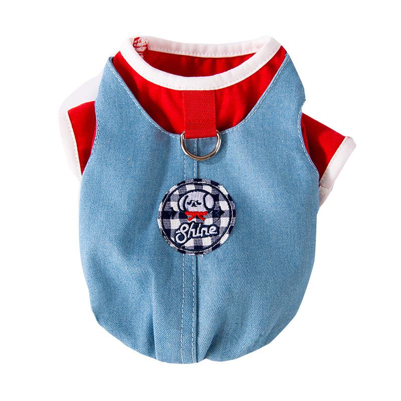 New denim fake two-piece traction T-shirt, puppy dog contrasting color Bi Xiong Pomeranian small dog pet clothes spring and summer