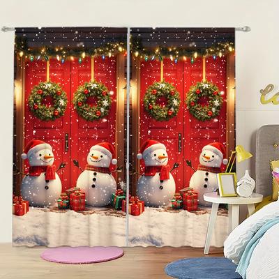 2pcs Christmas Snowman Printed Curtain for Christmas Home Decor - Rod Pocket Window Treatment for Bedroom, Office, Kitchen