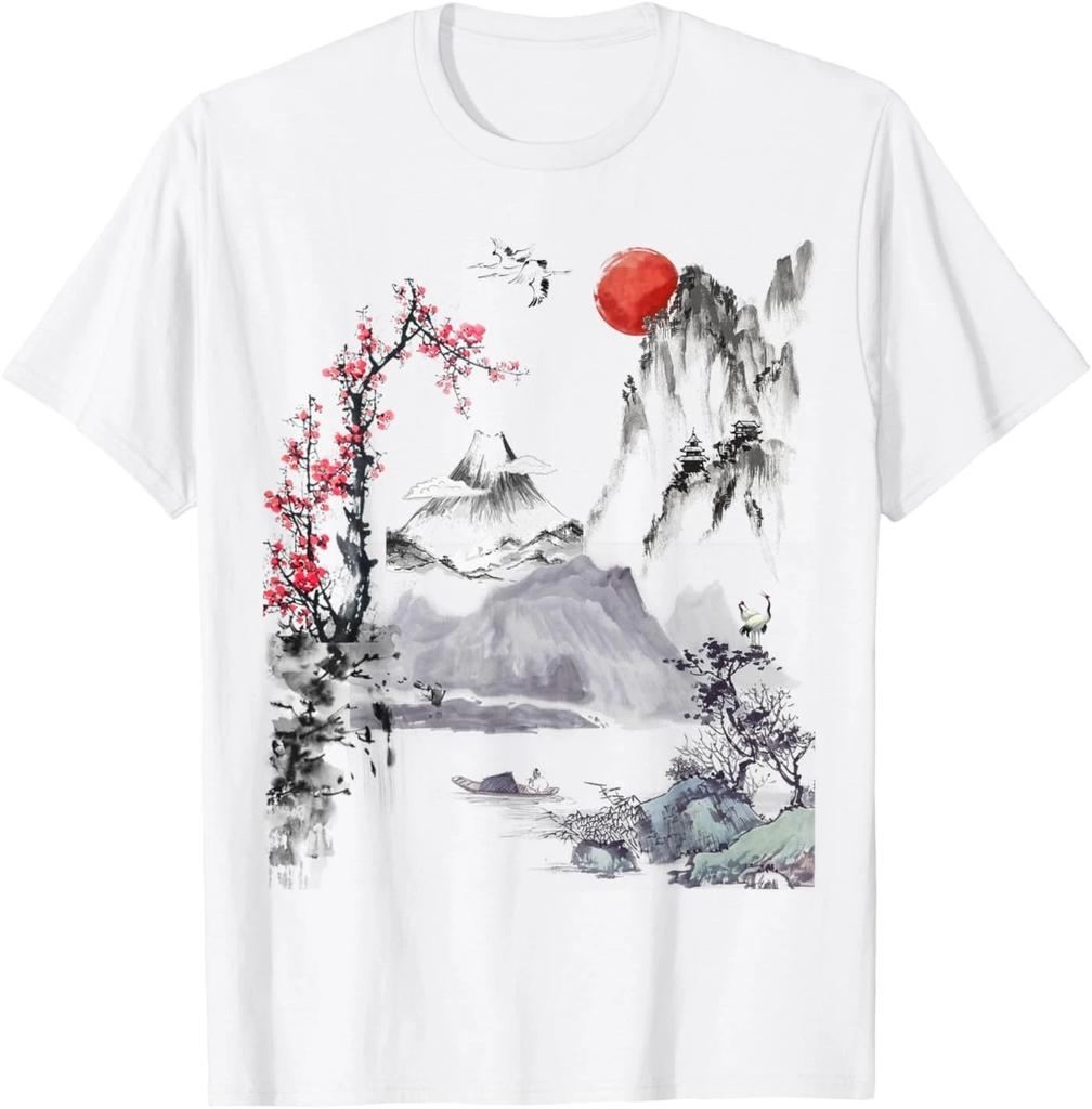 Japanese Art Tree Red Moon with Birds Flying In Background T-Shirt