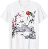 Japanese Art Tree Red Moon with Birds Flying In Background T-Shirt
