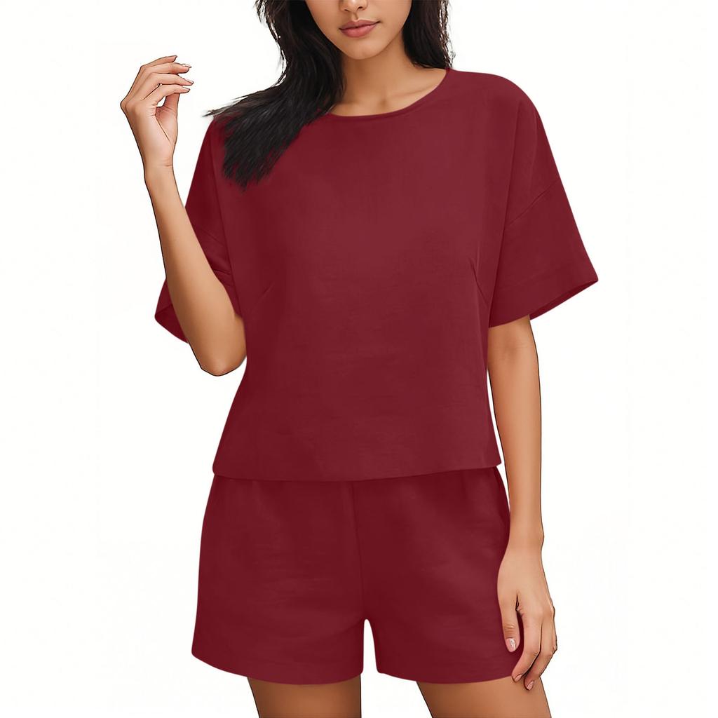 Fashionable Women's Color Casual Round Neck Loose Summer Shorts Top Set