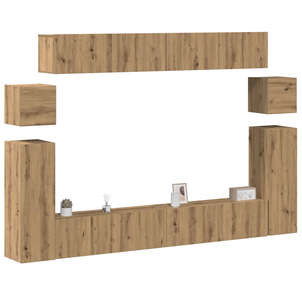 8 piece wall mounted TV cabinet set Artisan Oak finish engineered wood