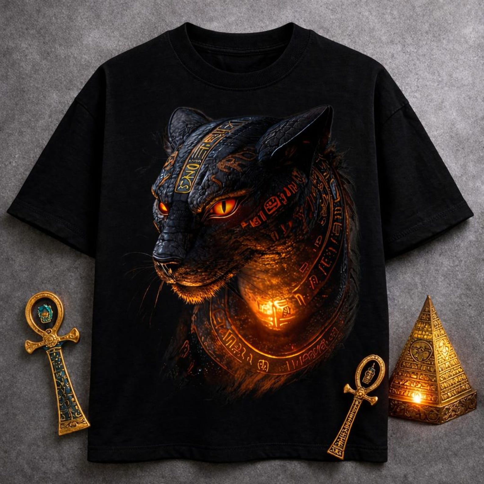 Ancient Anubis Cat Glow T-Shirt – Egyptian Mythology Black Panther Graphic Tee 3XL