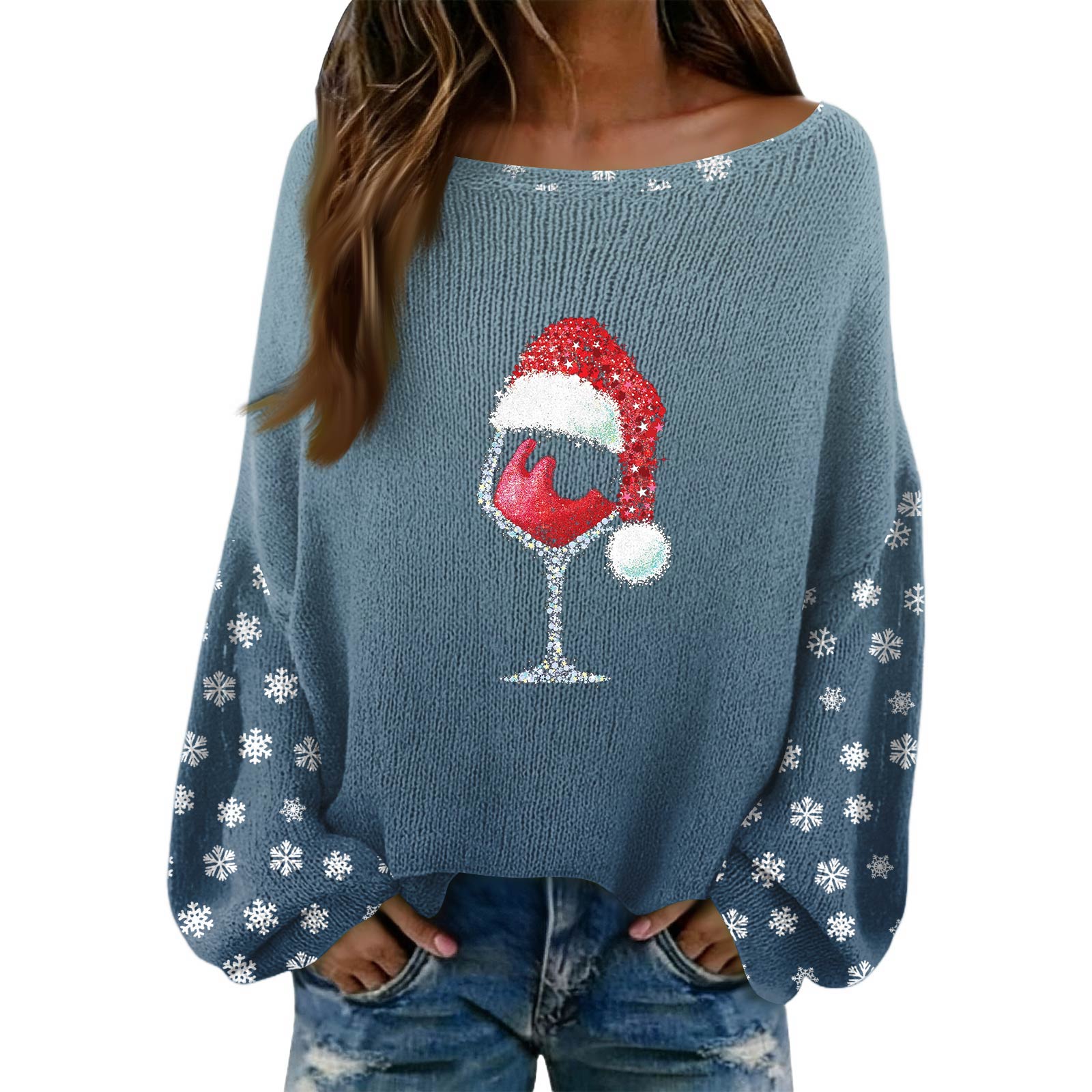 Women s Fashion Long Sleeved Elegant Sweater Top L синий