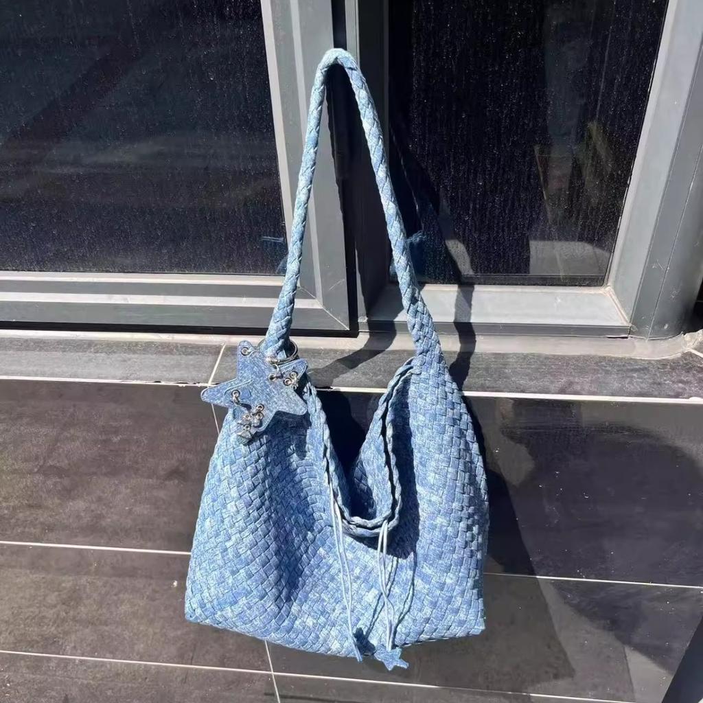 New tie-dye denim pure hand-woven bag large-capacity shopping bag casual large bag star bag
