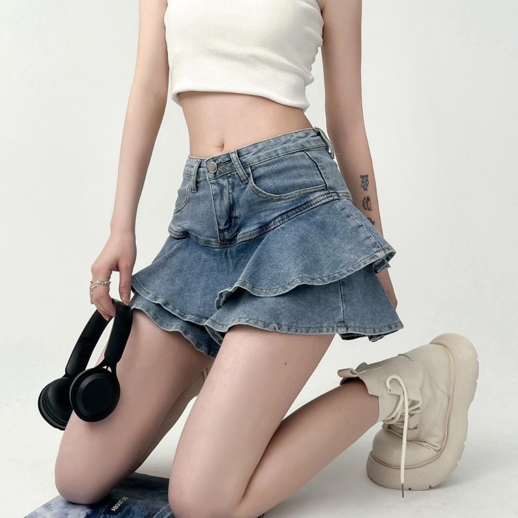 Denim Mini Skirt For Women High Waist Splicing Summer Ruffled Fashionable Casual For Teens
