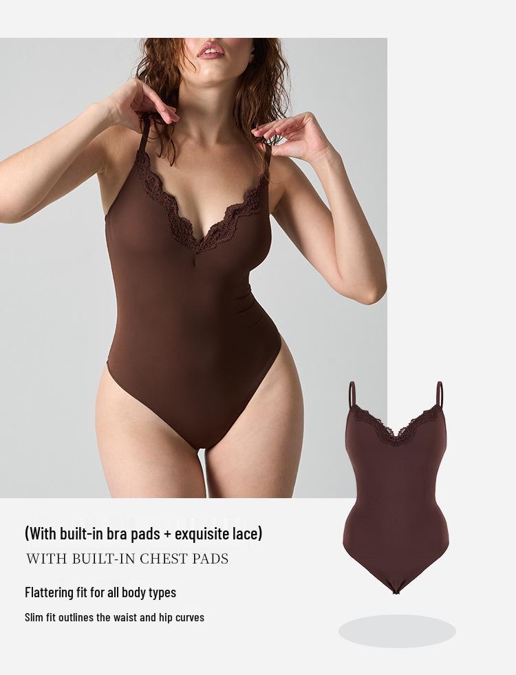 SKIMS Style Lace Trim Nude Bodysuit with Bra Pads - Sexy Women's Camisole 