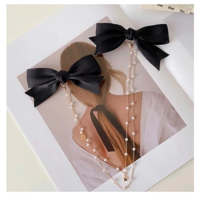 

New Women Elegant Vintage Pearl Chain Hairpins Sweet Bow Hair Ornament Headband Hair Clips for Women Fashion Hair Accessories LS серый