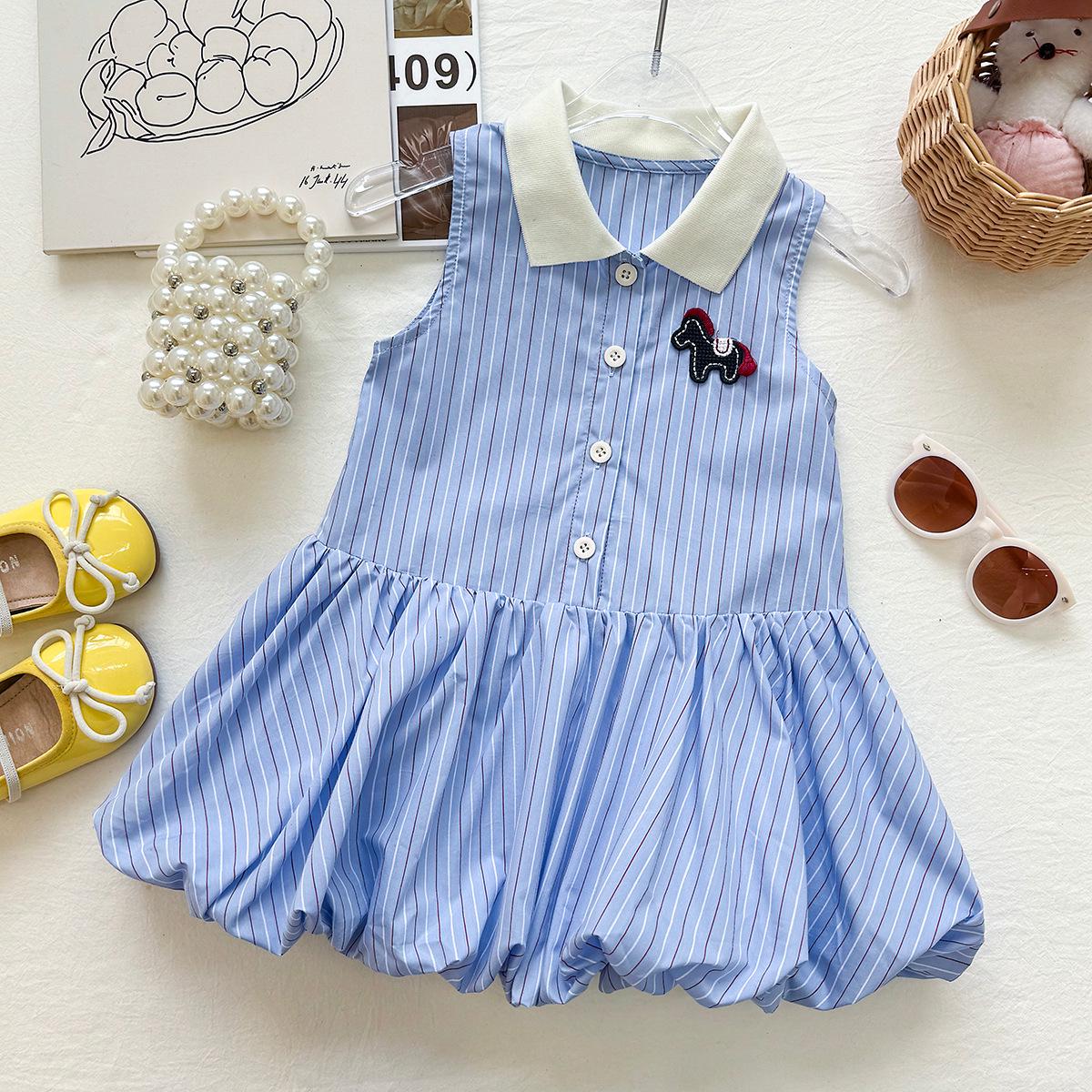 Girls Sleeveless Striped Polo Dress with Little Horse Embroidery, Ruffle Tank Style - Summer 2026 Collection 90cm