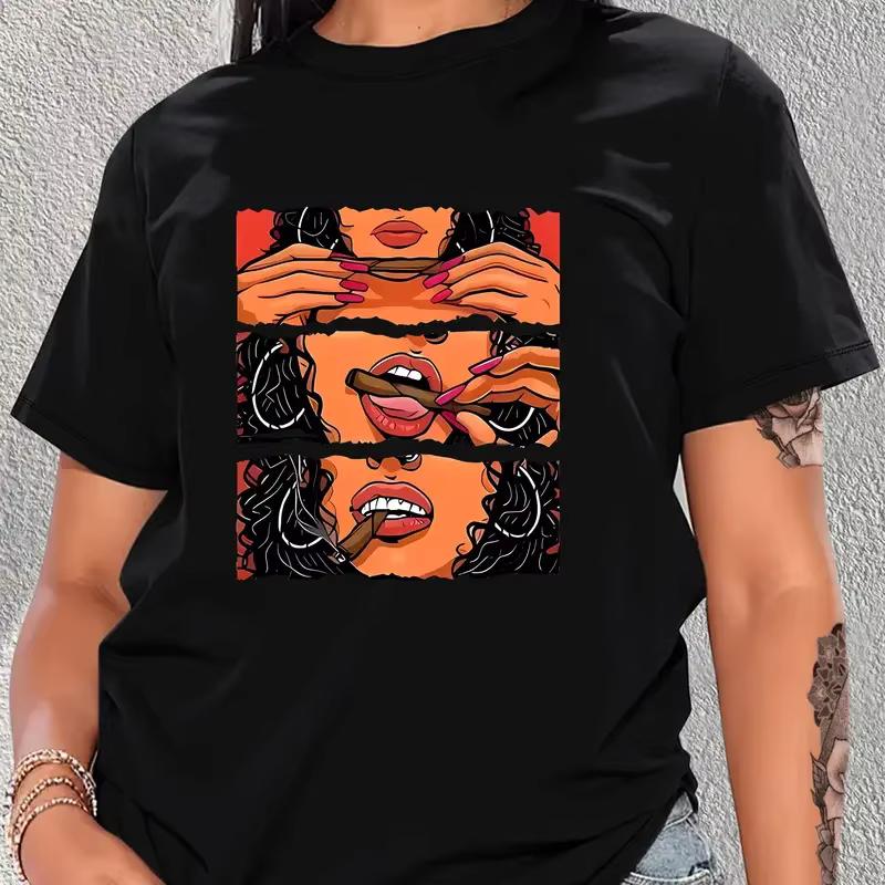 Dívčí potisk Tričko s kulatým výstřihem Krátký rukáv Ležérní top Letní tričko Trend Dámská trička Topy Oversized Venkovní svetr