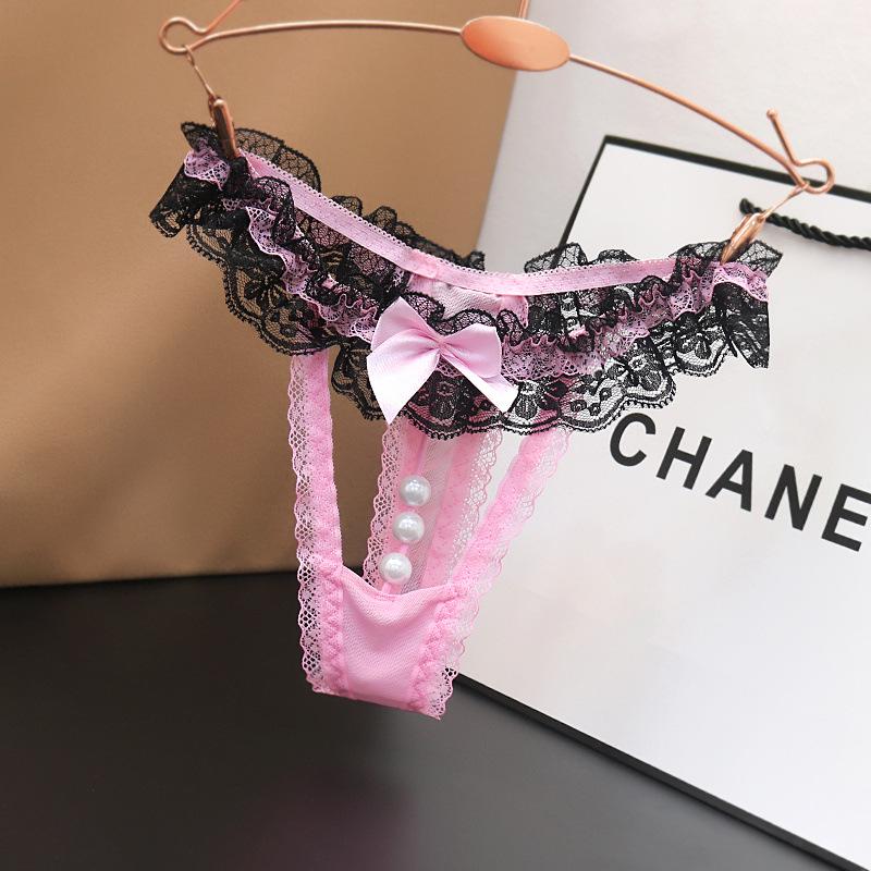 Transparent Lace Low-Waist Women's Thong with Pearl Massage Feature