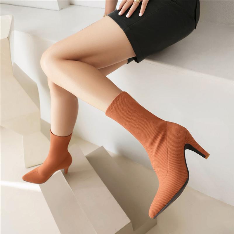 FOREADA Women Ankle Boots Pointed Toe Chunky High Heels Stretch Short Boots Ladies Fashion Shoes Autumn Winter Purple Orange 46
